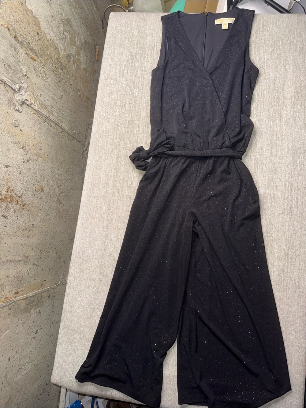 MICHAEL Michael Kors Black Glitter Wrap Jumpsuit Belted Wide Leg XS NWOT